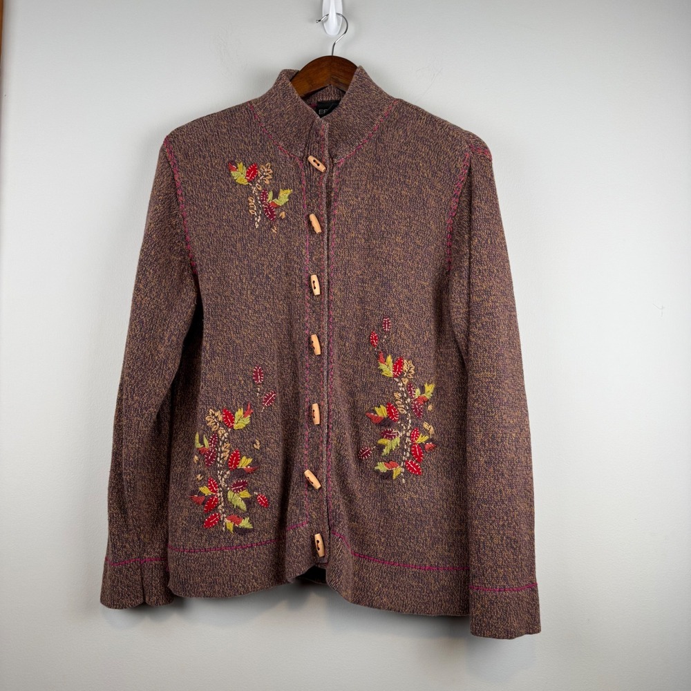 VTG Erika Embroidered Fall Leaves Cardigan Sweater Womens M Cottage Grannycore